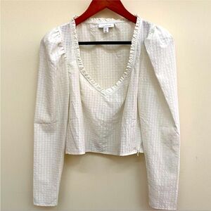 Topshop White Gingham Puff Sleeve Cropped Blouse